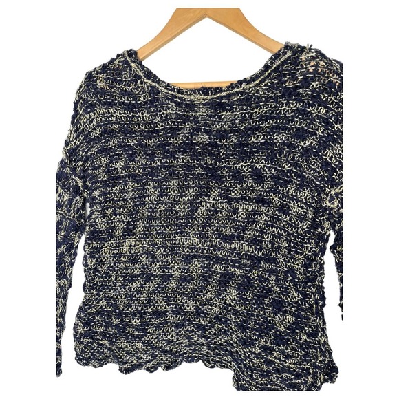 Free People Sweater Womens S High Low Open Knit V Neck Linen Cotton Blue Cream - Picture 9 of 15